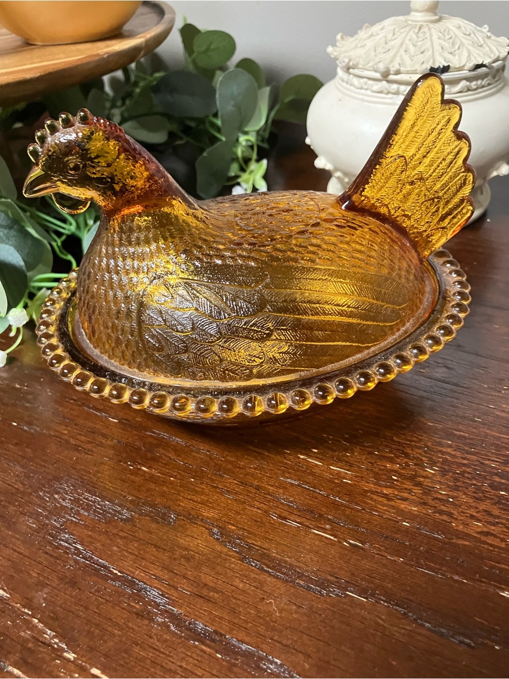 Vintage Amber Glass Hen Covered Dish